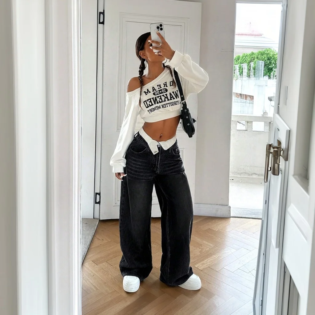 กางเกงยีนส์ Y2K สำหรับผู้หญิง ทรงเอวต่ำ ขากว้าง แฟชั่นลำลอง สไตล์หลวม ใส่สบาย ดีไซน์วินเทจสุดเทรนดี้