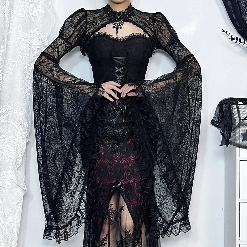 2025 New Dark Vintage Lace See Through Crop Shurg Tops Retro Fairy Sweet Flare Sleeve Short Smock Outerwear Women Thin Techwear