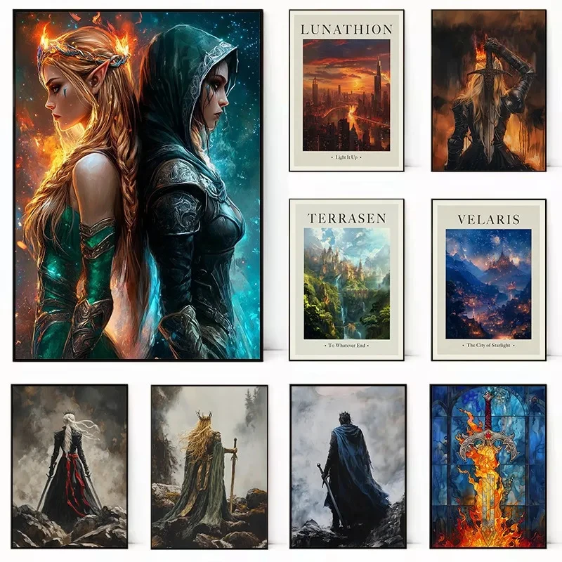 Sarah J Maas Throne of Glass – Affiche rétro sur toile avec scène et personnage de livre de fantasy classique, décoration murale pour la maison