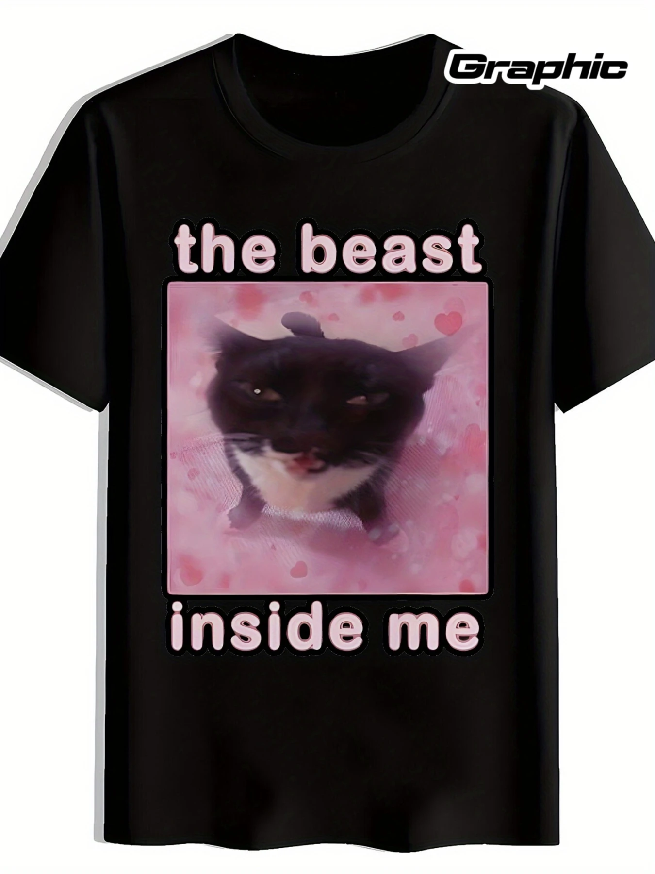 Schwarzes Herren-T-Shirt mit „The Beast Inside Me“-Grafik – lustiges Katzendesign, kurzärmlig, Rundhalsausschnitt, lässiges Sommeroberteil aus Polyester