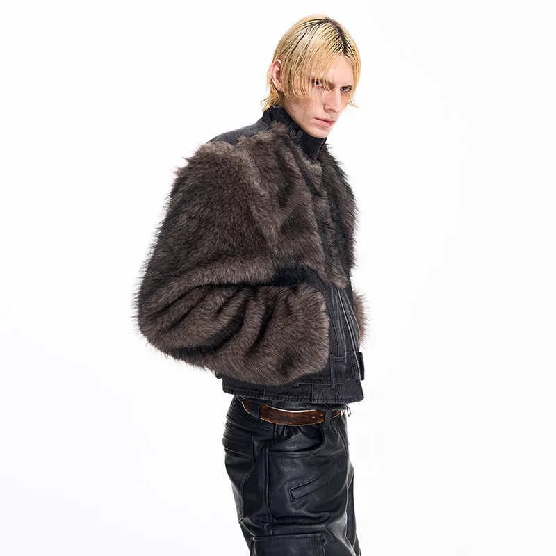 LUZHEN 2026 Winter New Original Streetwear Men's Fashion Personalized Denim Splicing Fur Stand Neck Jacket Handsome Coat JY9494