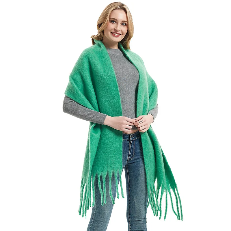 Autumn and Winter Warm Solid Colour Shawl for Women Long Tassel Rough Beard Grass Green Thickened 26 Colours Scarf