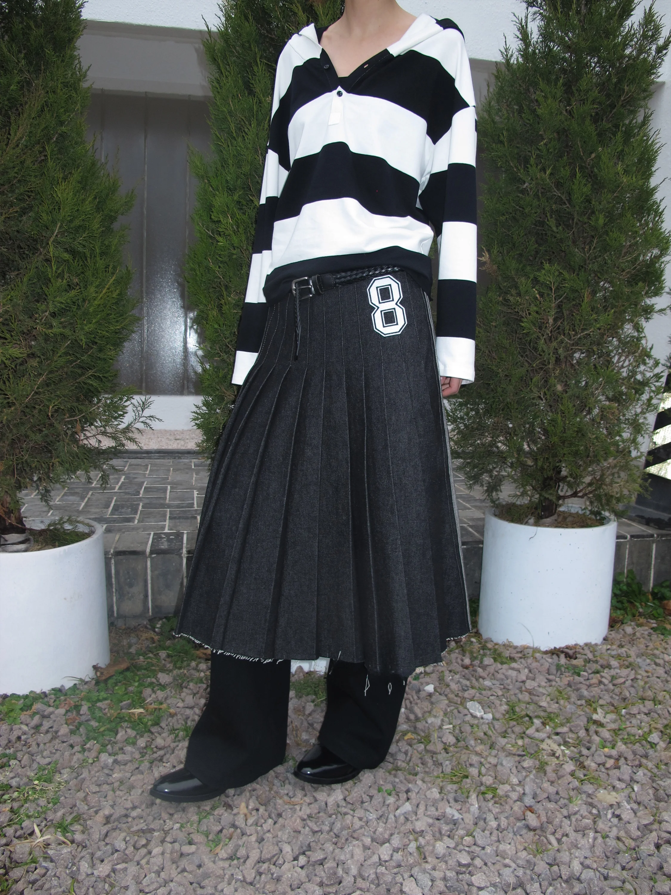CasseSango High Oz Texture Stripe Color Block Street Style Half Skirt Pleated Skirt Youth mid Waist Leather Fabric Straight Cut