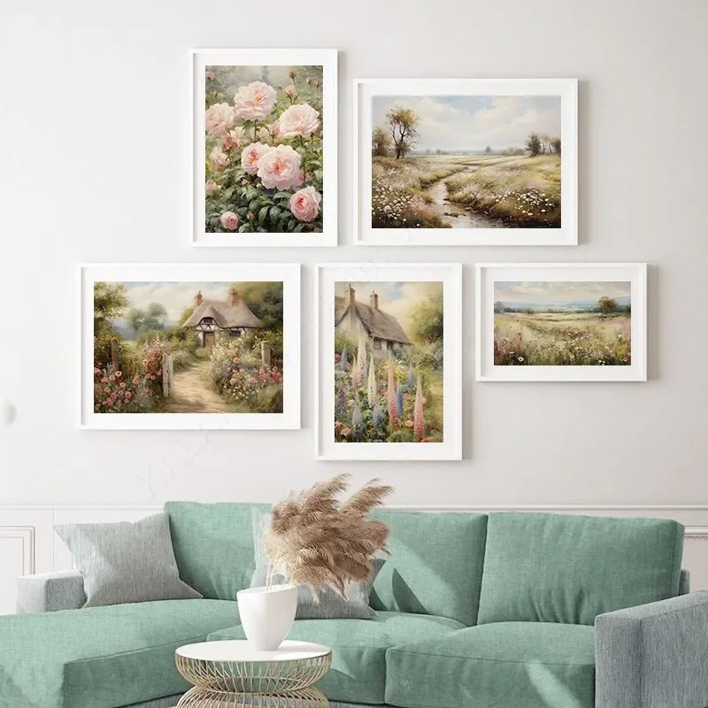 Vintage 19th Century Art Oil Painting Landscape English Countryside Canvas Print Botanical Wall Pictures For Living Room Decor