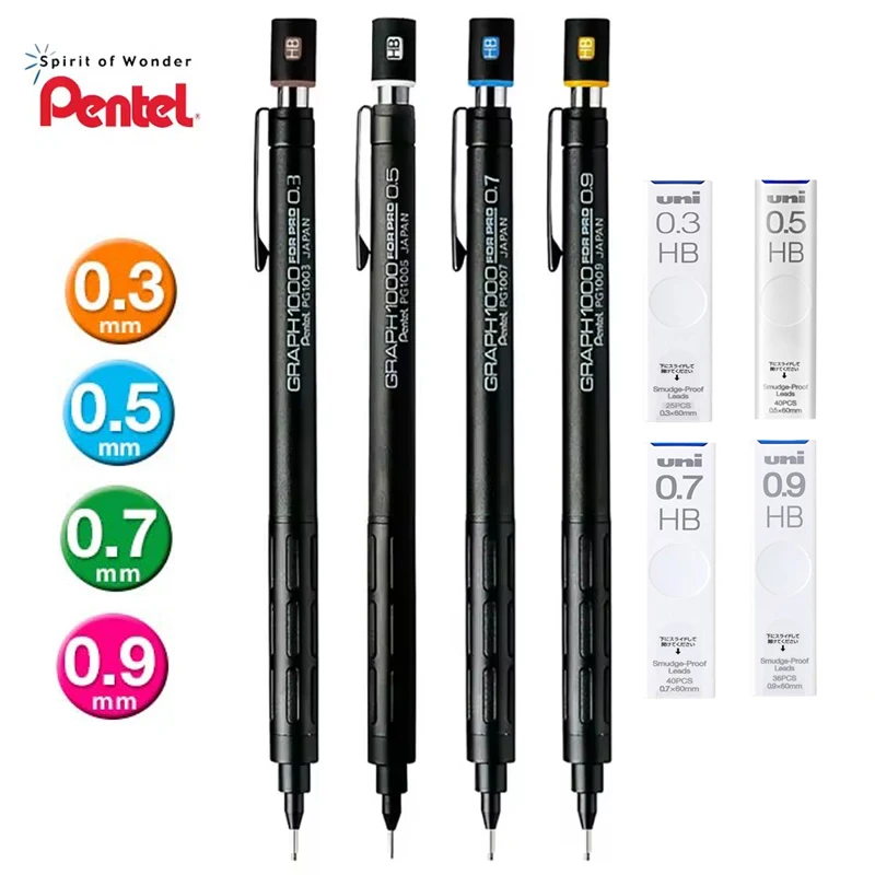 Pentel PG1000 Graph For PRO Black Mechanical Pencil,0.3~0.9mm Multi-purpose Professional pencil set for drawing and sketching