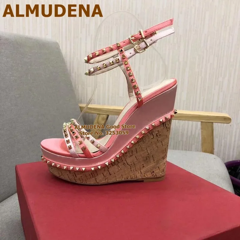 ALMUDENA Wood Wedge Heels Sandals Platform Gold Rivets Dress Pumps Women Strappy Pyramid Studded Gladiator Shoes Size43 Dropship