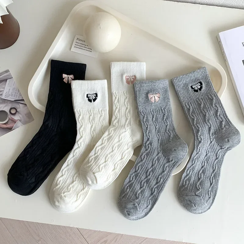 

Embroidery Bow Kawaii Socks Women Korean Style Solid Color Cotton Long Socks Autumn Winter Harajuku Streetwear Middle Tube Socks
