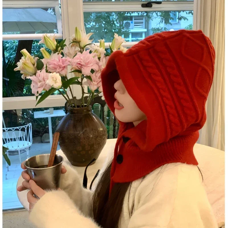 Knitted Balaclava Hat Winter Warm Thicken Imitation Cashmere Scarf Set Shawl Split Finger Gloves Wool Pullover Hat Accessories