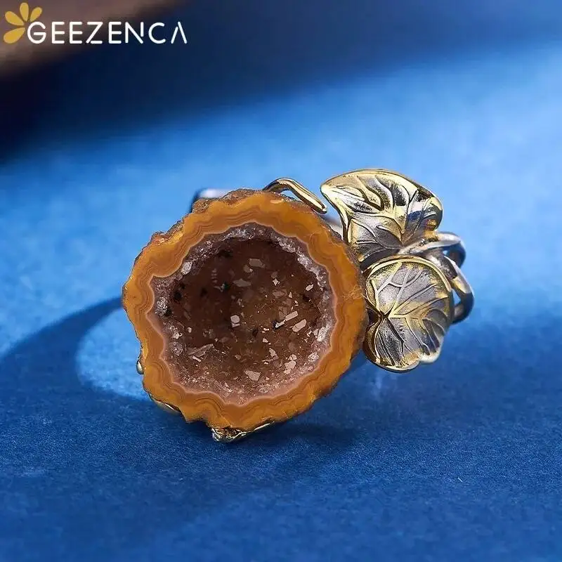 GEEZENCA 925 Silver Two Toned Carved Leaf Rough Crystal Statement Rings For Women Unique Chunky Wide Adjustable Ring Party Gift