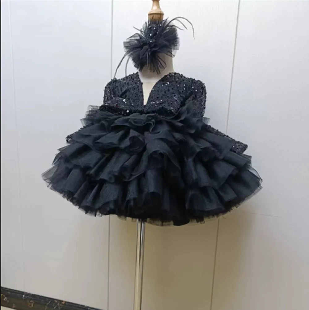 بريق الشمبانيا زهرة فتاة فساتين الترتر طفلة فستان مربع منتفخ فساتين للفتيات الاطفال ثوب حفلة عيد ميلاد #4