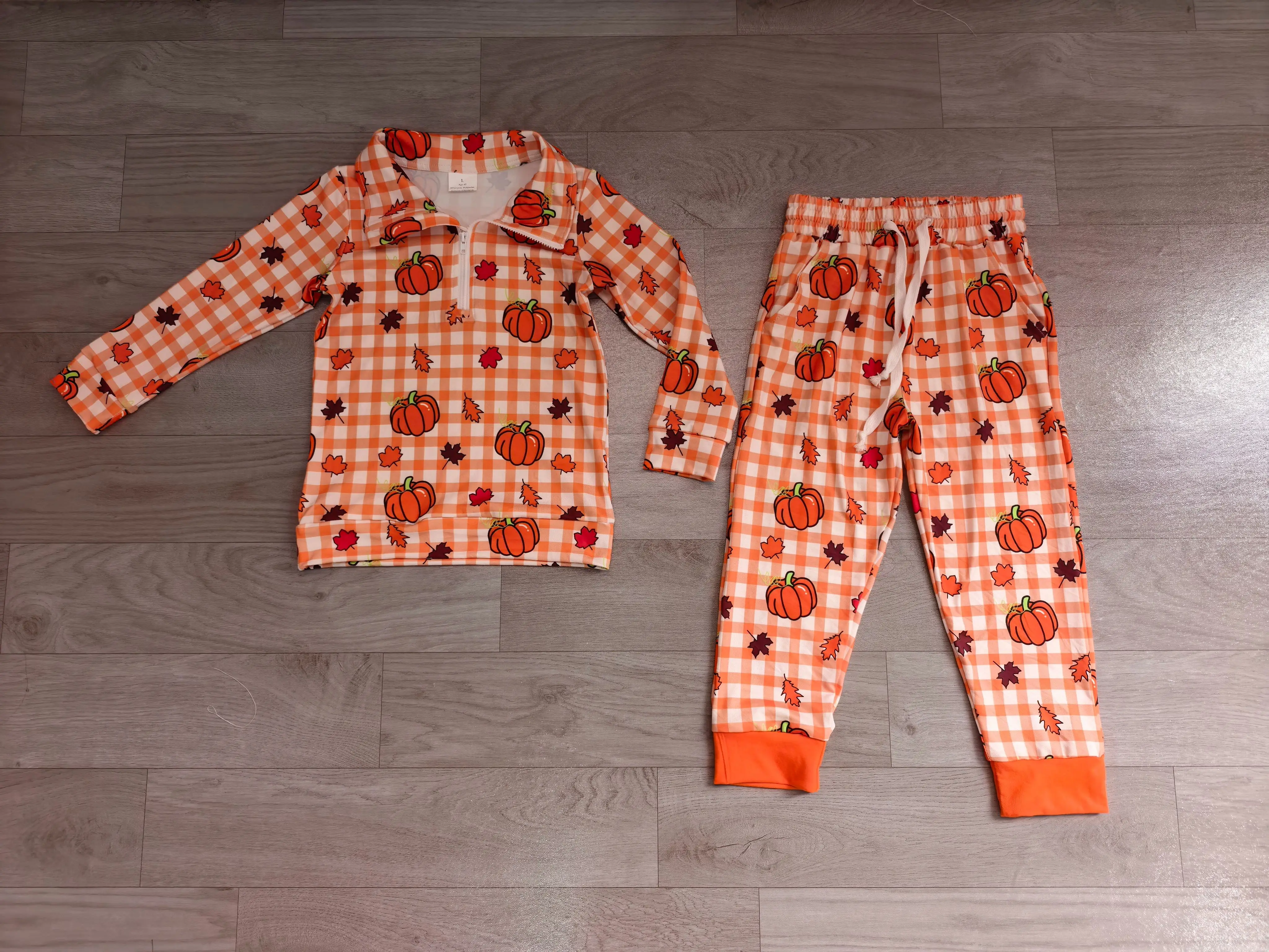 Wholesale Toddler Baby Kids Thanksgiving Outfit Clothes Boy Pumpkins Zipper Pullover Shirt Children Pockets Plaid Pants Fall Set