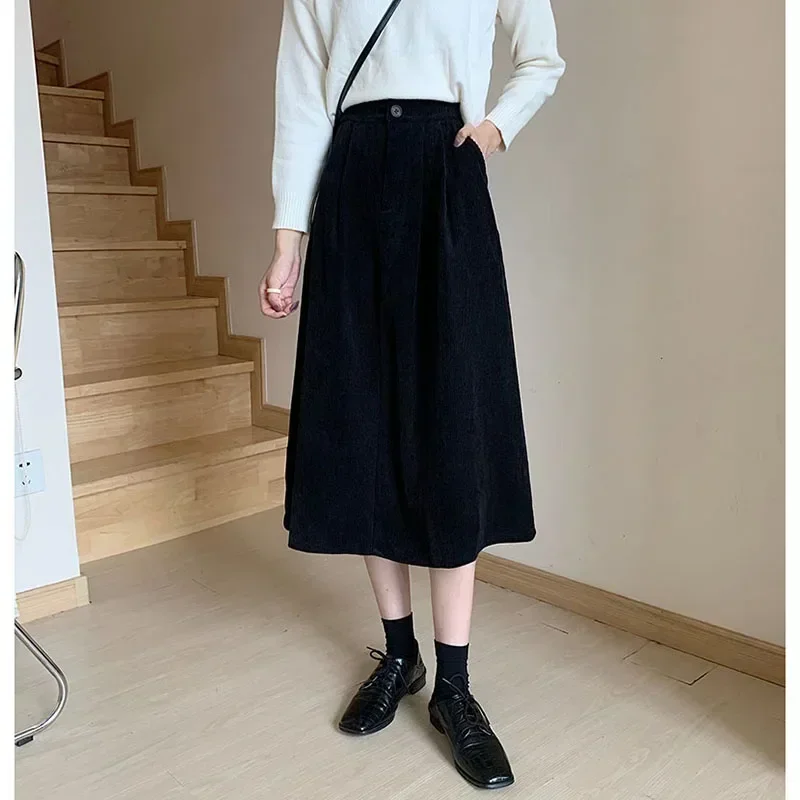 Vintage Corduroy Midi Skirt Women High Waist Pleated A Line Skirts Autumn Winter Streetwear Korean Casual All Match Faldas New