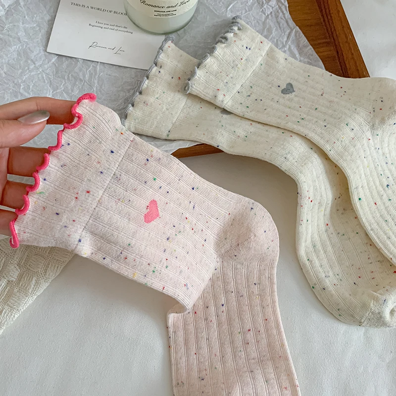 Meias femininas estilo coreano novo design de coração doce meias fofas para meninas respiráveis com babados meias macias absorção de suor