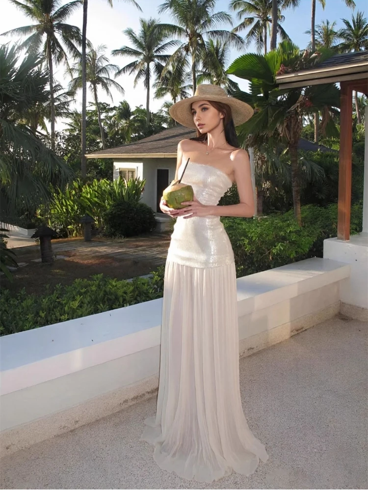 Chic Beach ชุดยาวเงาเลื่อม Tulle ยาวปิดไหล่ชุดสตรีฤดูร้อน High-End Sensation ชุด 2025