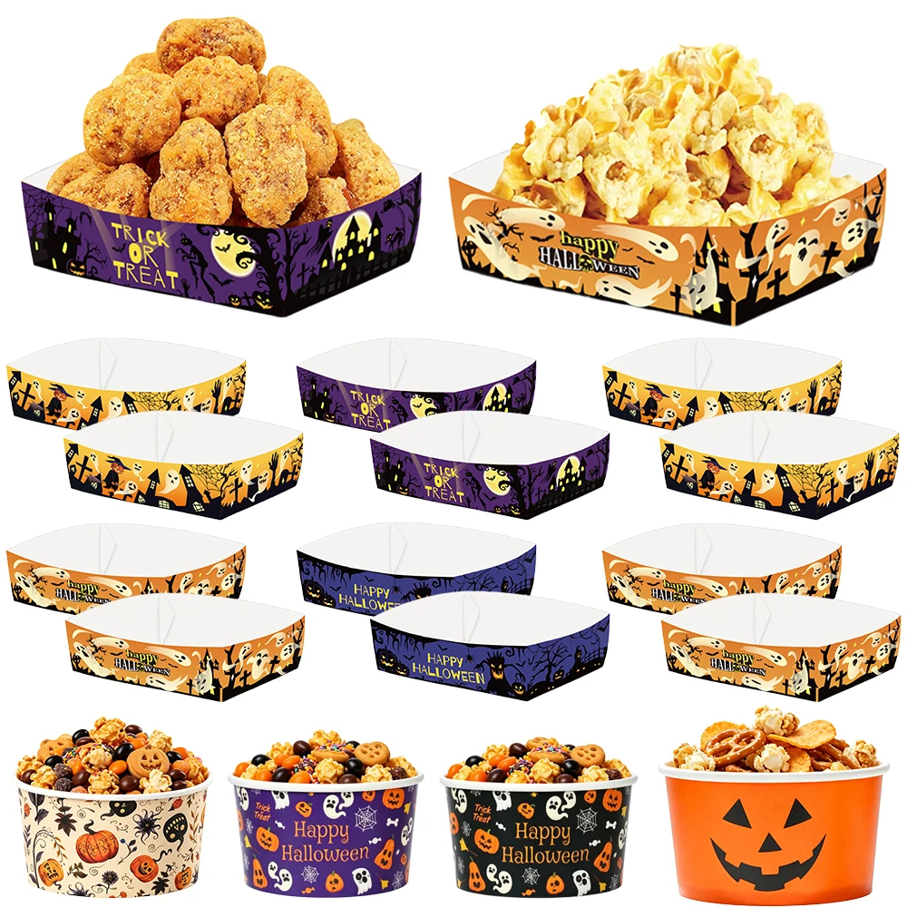 6/12/24/30pcs Halloween Party Snack Candy Tray Paper Food Boat Tray Bowl Halloween Theme Birthday Party Supplies