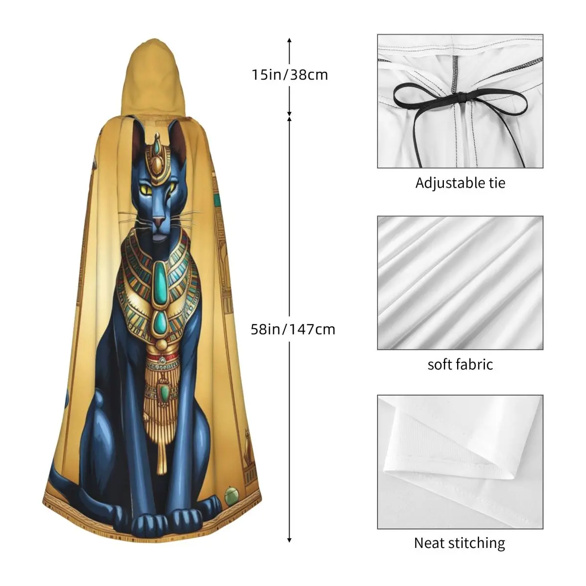 Vintage Egyptian Cat Goddess Bastet  Long Hooded Cloak Witch Medieval Costume Cosplay Cape HalloweenCoat Adult Unisex - view 3