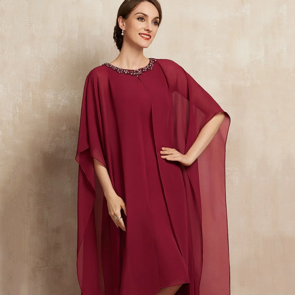 

Customized O Neck Mother of Dresses Straight Casual Evening Gowns Crystal Wine Red Bride Party Dress robes invitée mariage