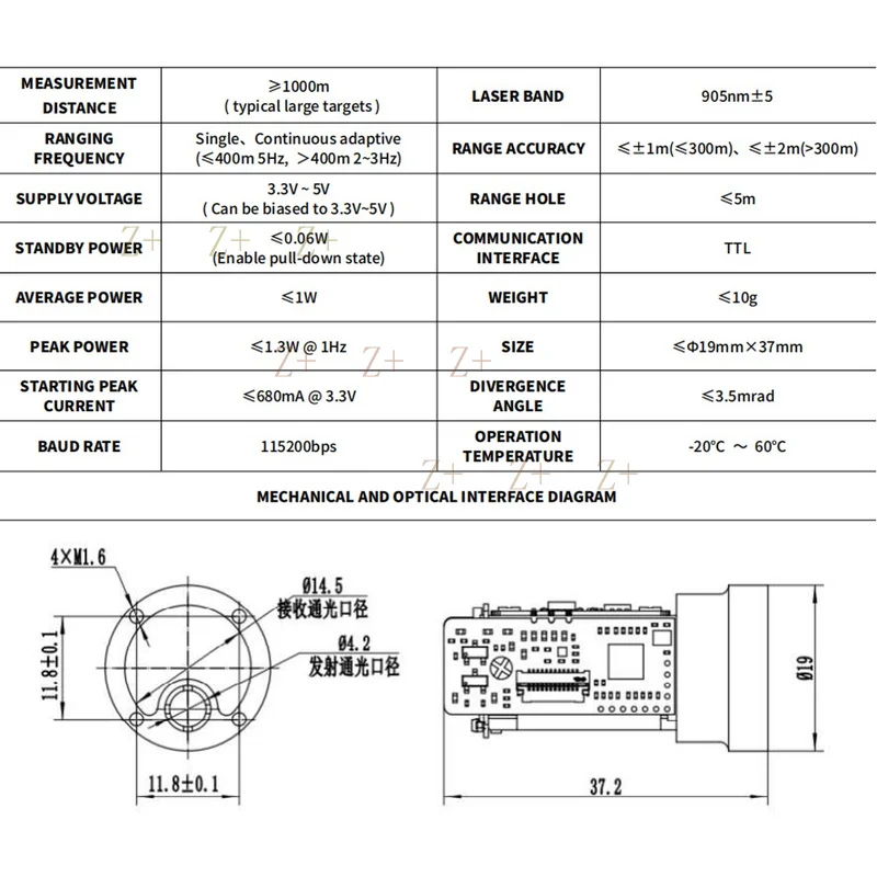 Z+   Industrial TOF Laser Distance Sensor Module High Precision 1000m For UAV Pod