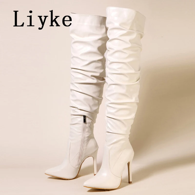 Liyke 2024 New Fashion Design Pleated Leather Over The Knee Boots Women Sexy Pointed Toe Stripper Heels Zip Long Shoes Size 42