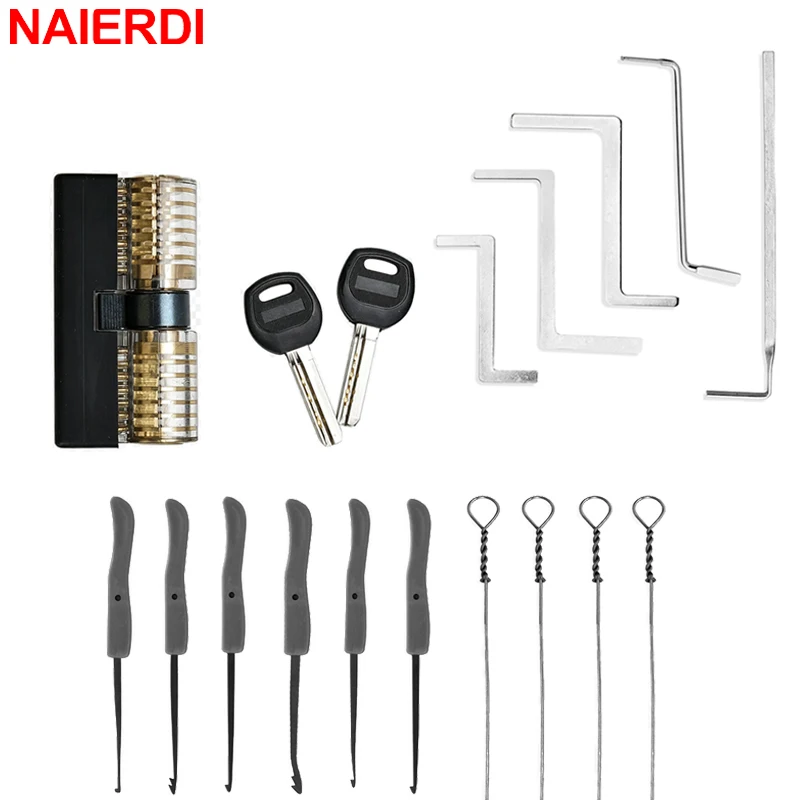 NAIERDI Lock Repair Tool Set with Broken Key Extractor, Transparent Practice Lock, Locksmith Training Tools for Beginners