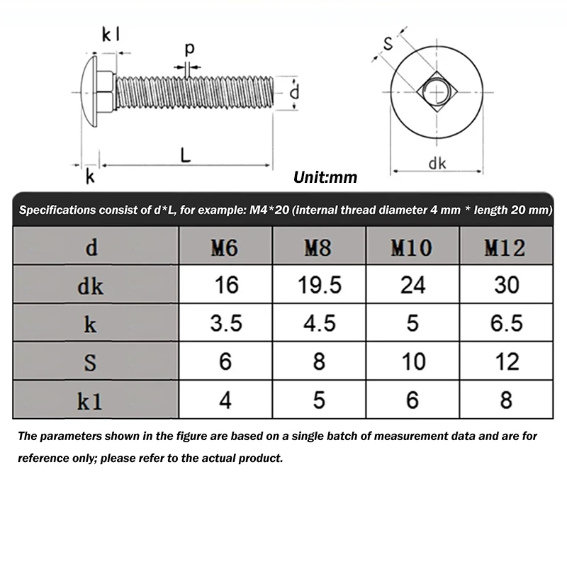 M6 M8 M10 M12 GB12 A2-70 304 Stainless Steel Truss Round Head Square Neck Carriage Screw Large Head Coach Bolt Length:12-100mm