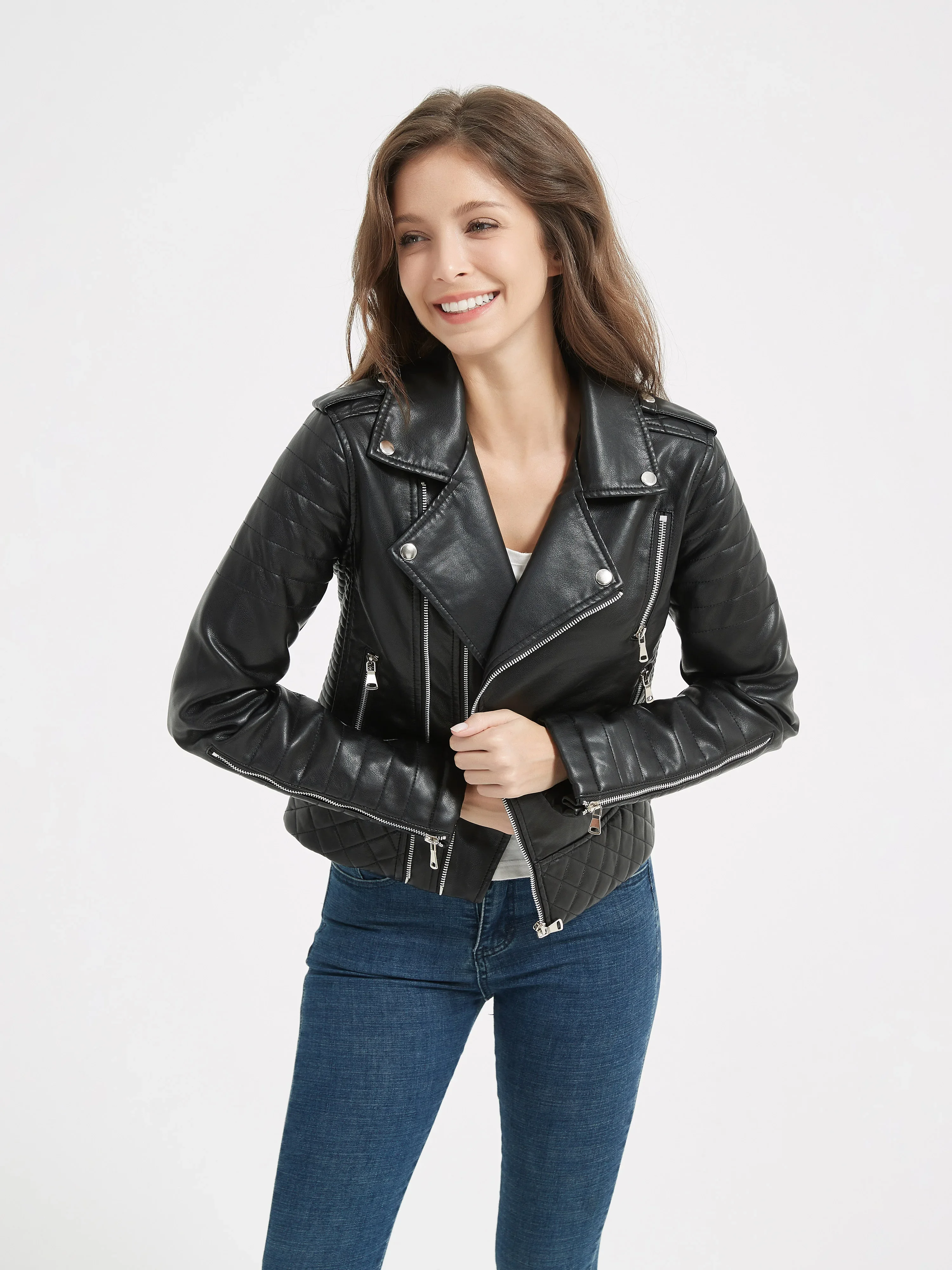 2025년 신상 봄 가을 여성 인조 가죽 숏 재킷 엠보싱 모터사이클 바이커 여성용 지퍼 라펠 루즈 코트 아우터웨어