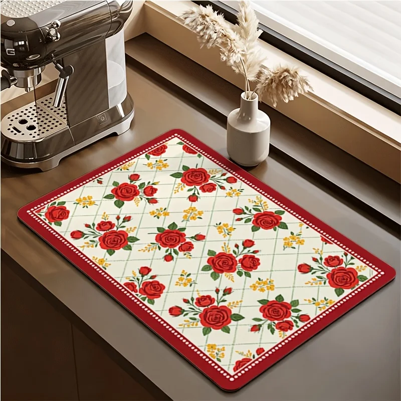 Coffee Bar Mat Classic Red Rose Floral Lattice Kitchen Countertop Quick Dry Absorbent Dish Rack Cushion Protector Mat