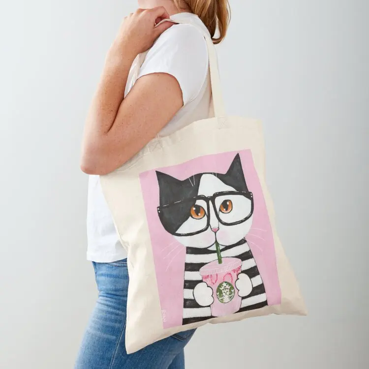 Kitty Loves The Pink Drink Tote Bag Customizable tote bag Candy bags tote bag