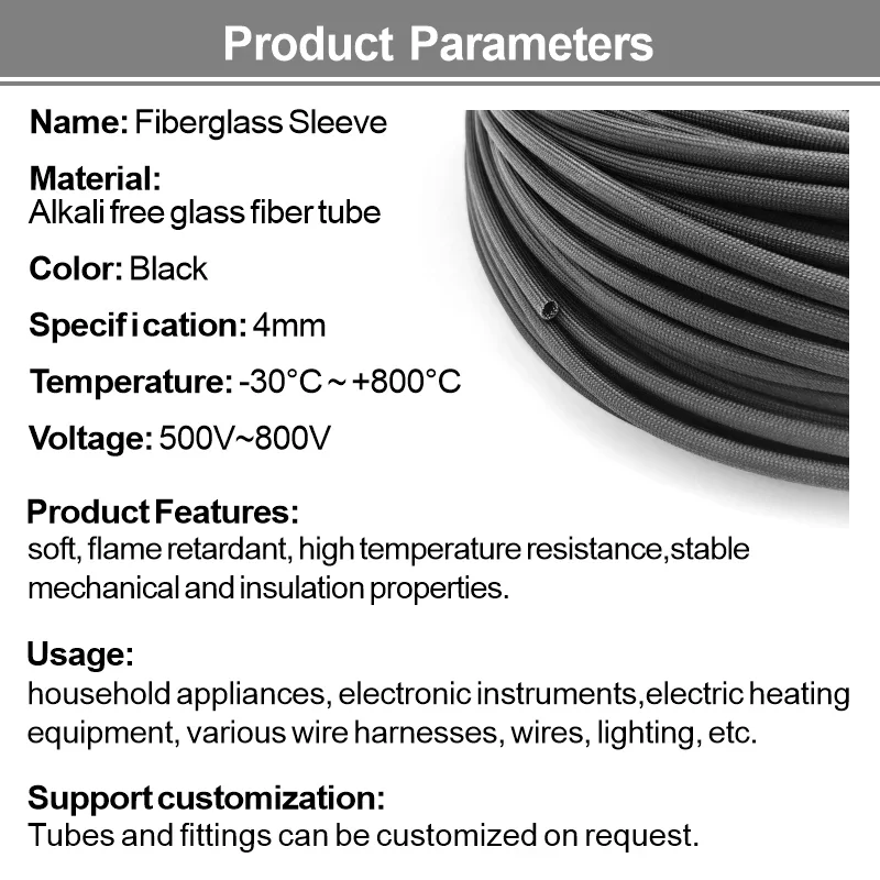 5M 800Deg.C Black Fiberglass Tube ID4mm High Temperature Insulate Sleeve Flame Resistant Fiber Glass Sleeving Cable Protect Hose