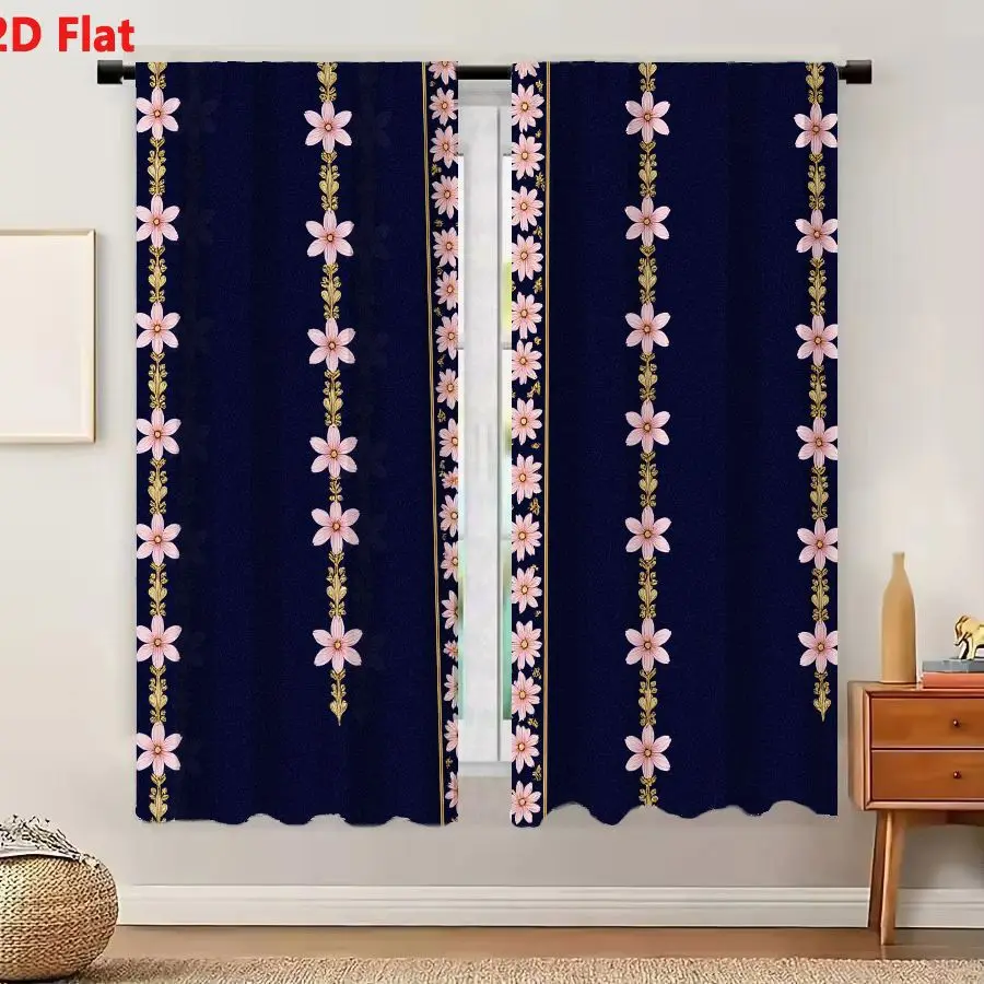 2Pcs Curtains 2D Flat Navy Blue Background With Vertical Stripes Light Pink Flowers Yellow Centers Golden Vine Leafy Designs Sym