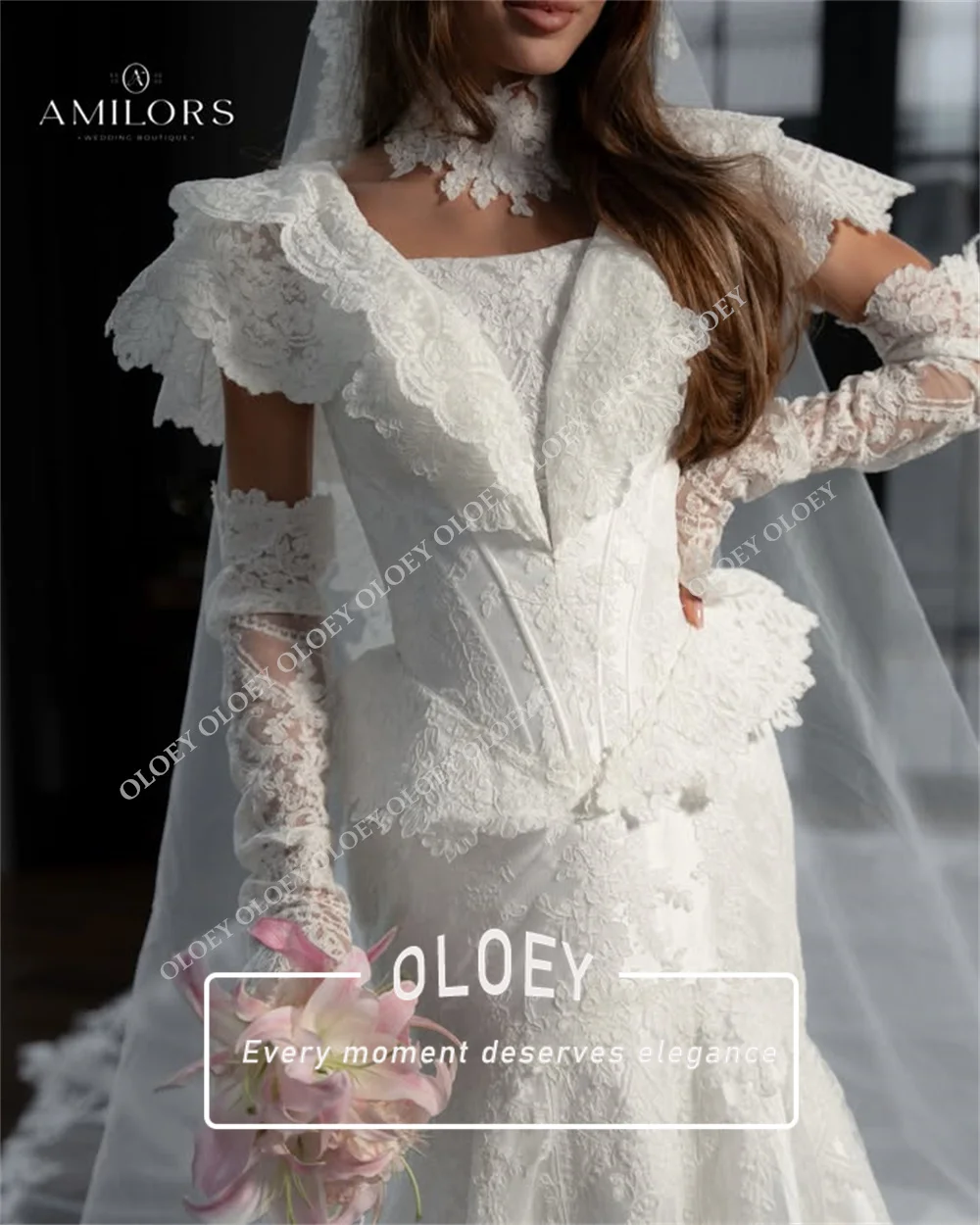 OLOEY Luxury Lace A-Line Wedding Dress Square Neck Detachable Long Sleeves Cathedral Train Bridal Gown 2027 Customized