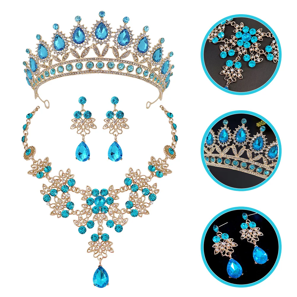 

1Set Wedding Crown Necklace Earrings Set Rhinestone Jewelry Bride Elegant Durable Accessories for Party Prom Crown Necklace