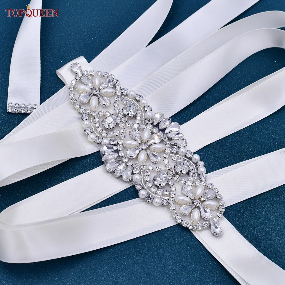 TOPQUEEN Rhinestone Bridal Waist Belt Crystal Rhinestones Wedding Belt Luxury Ribbon Trim Applique Wedding Dress Gown Decor S76