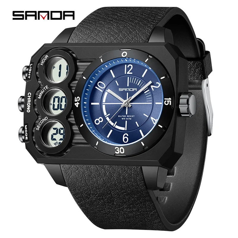 SANDA 6237 Men's Electronic Watch Fashion Trend Dual Display Clock Sports Waterproof Night Light Large Dial Wristwatch
