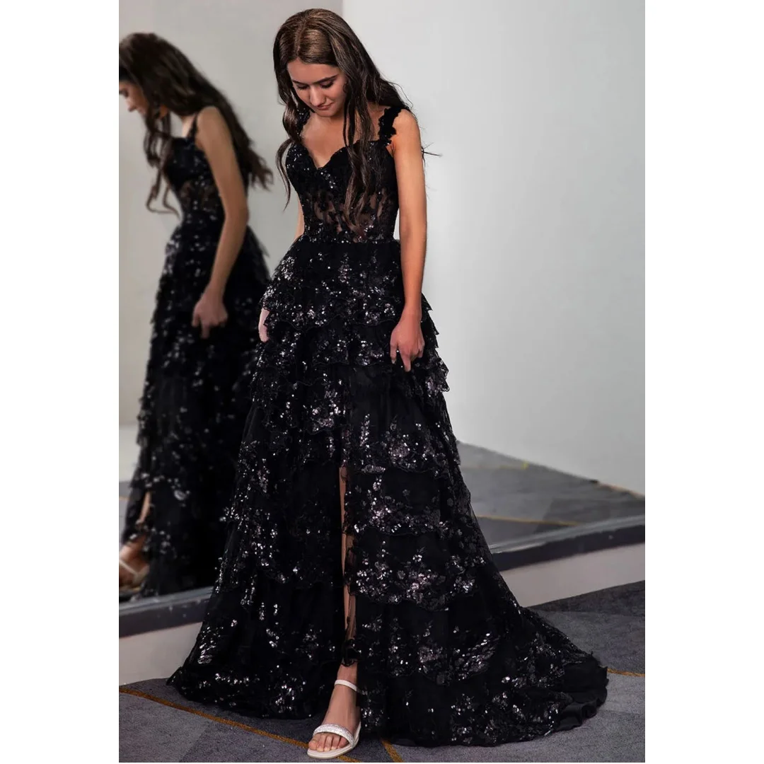 A Line Layers Evening Dresses Lace Appliques Sequined Party Dress Side Slit Luxury Prom Gown Formal Vestidos Customized