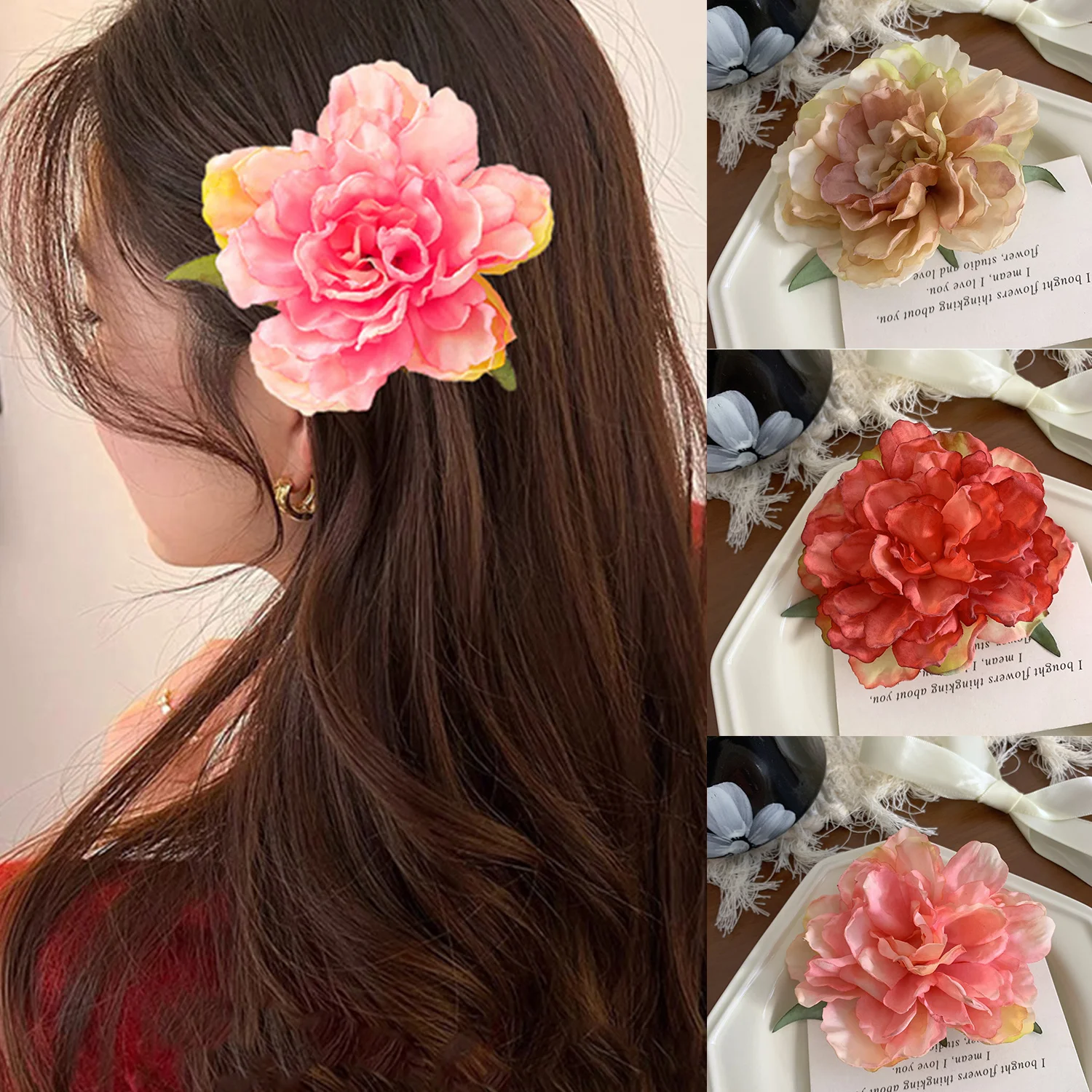 Clip de pico de pato de peonía Vintage, pinzas de pelo de flores de seda creativas, pasador de flores artificiales bohemias, tocado de novia para fiesta de boda