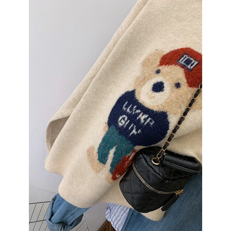 Sweet Vintage Knitting Long Sleeve Casual Pullovers Women\'s 2024 Autumn Winter Fashion Round Neck Bear Appliques Loose Sweater