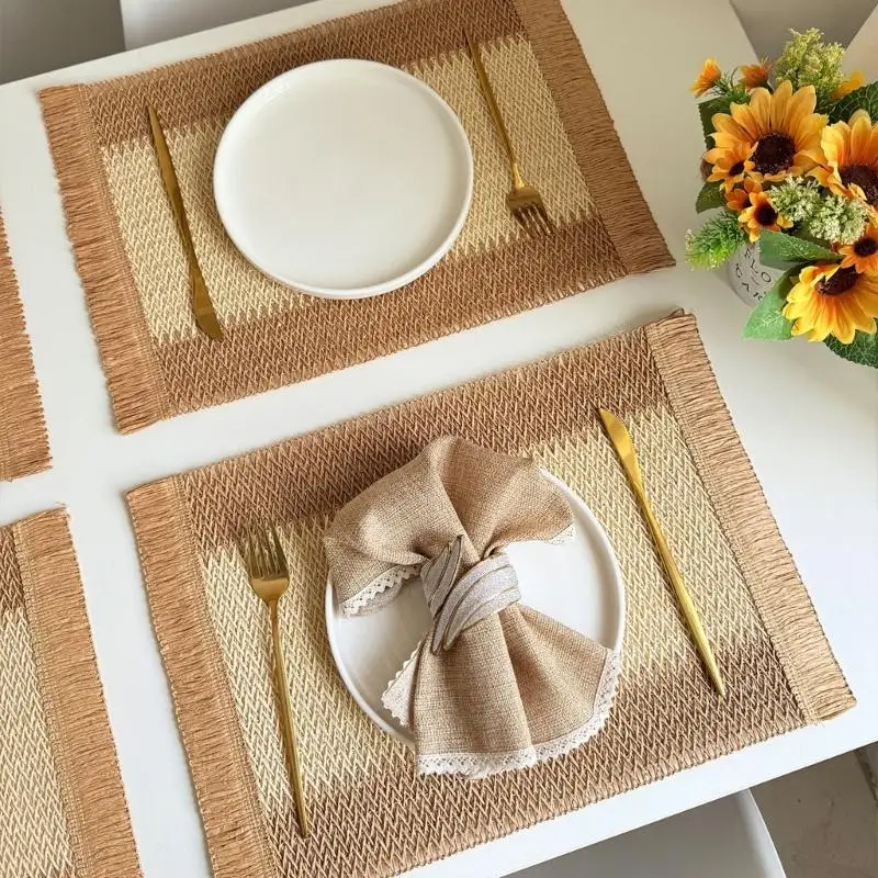 E8BD Natural Biodegradable Paper Rope Woven Striped Heat Insulators For Dining Table Decors And Kitchen Safety