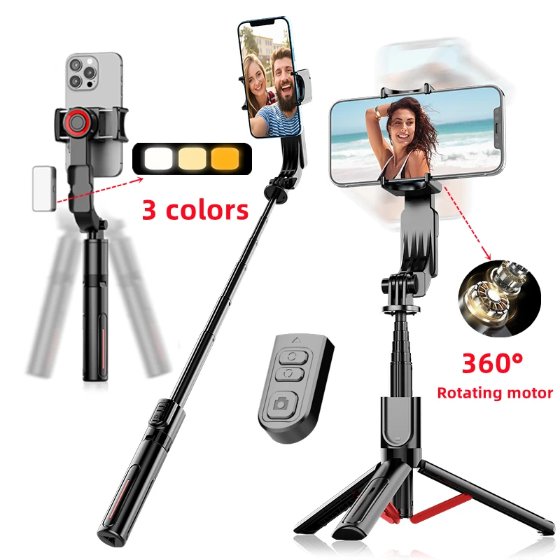 Gimbal Stabilizer Selfie Stick Foldable Wireless Tripod with Bluetooth Shutter Monopod Removable magnetic fill light for iPhone