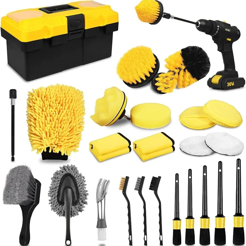 27Pcs Electric Car Cleaning Brush Set Drill Powered Wash Polishing Waxing Brushes Kit Auto Interior Exterior Care Tools