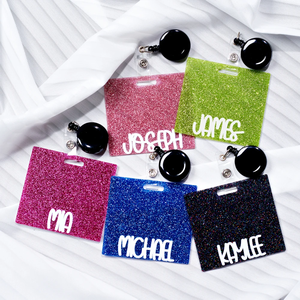 Personalized Custom Name Glitter Acrylic Badge Buddy Horizontal ID Card Holder Custom Text Nurse Work Badge Holder With Retracta