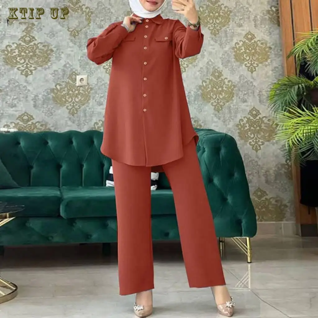 Elegant Full Sleeve Shirts and Wide Leg Pants Set for Women, Urban Tracksuits, Elegant Pant Sets, Turkish Blouse, Arab Fashion