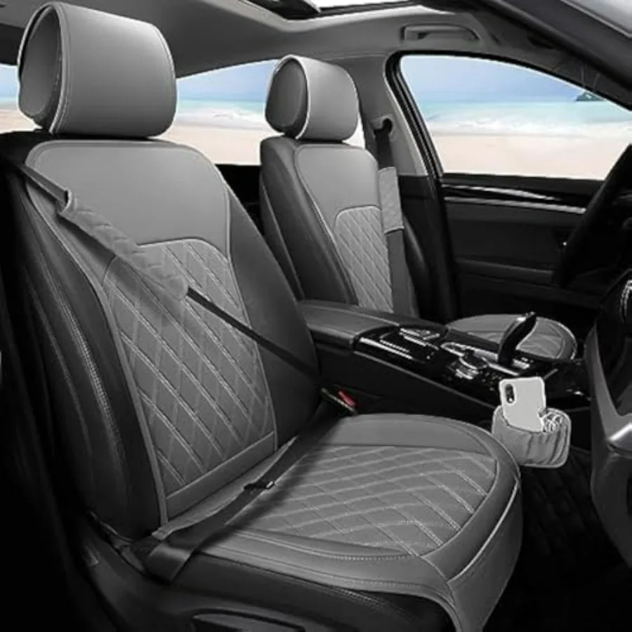 

Front Car Seat Covers Leather Anti-Slip Waterproof with Storage Pocket and Two Belt Pads Grey 2 Pack Universal Fit for Cars Tru