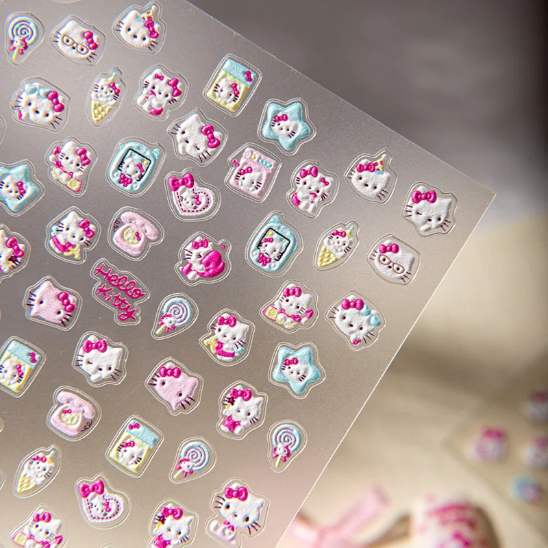 Naklejki na paznokcie Sanrio Pink Kawaii KT Cat 5D, tłoczone, urocze, kreskówkowe naklejki na paznokcie Hello Kitty, dekoracja.