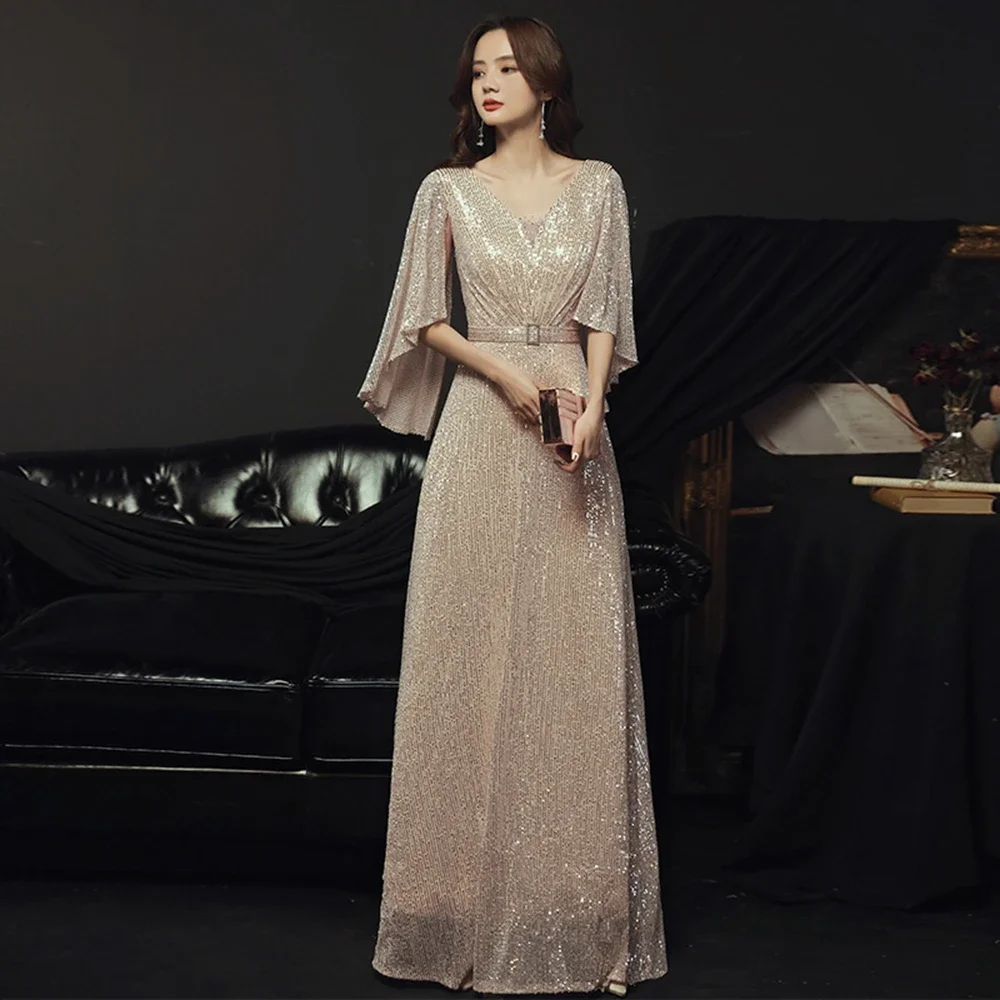 Luxury V-Neck Evening Dress 2024 New Women Elegant Solid Color Sequin A-line Evening Dresses Party Prom Dress