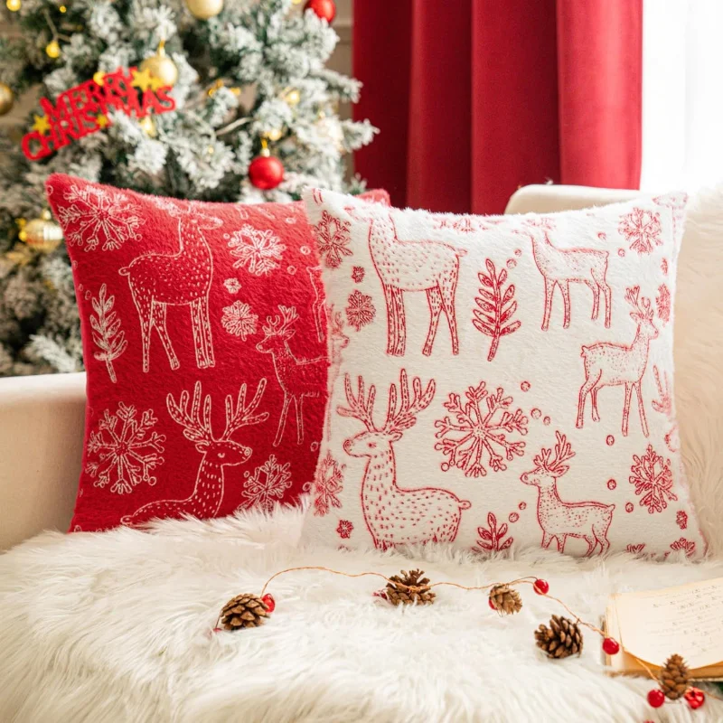 

A set of 2 red Christmas reindeer pillows and winter pillowcases for Christmas home decoration