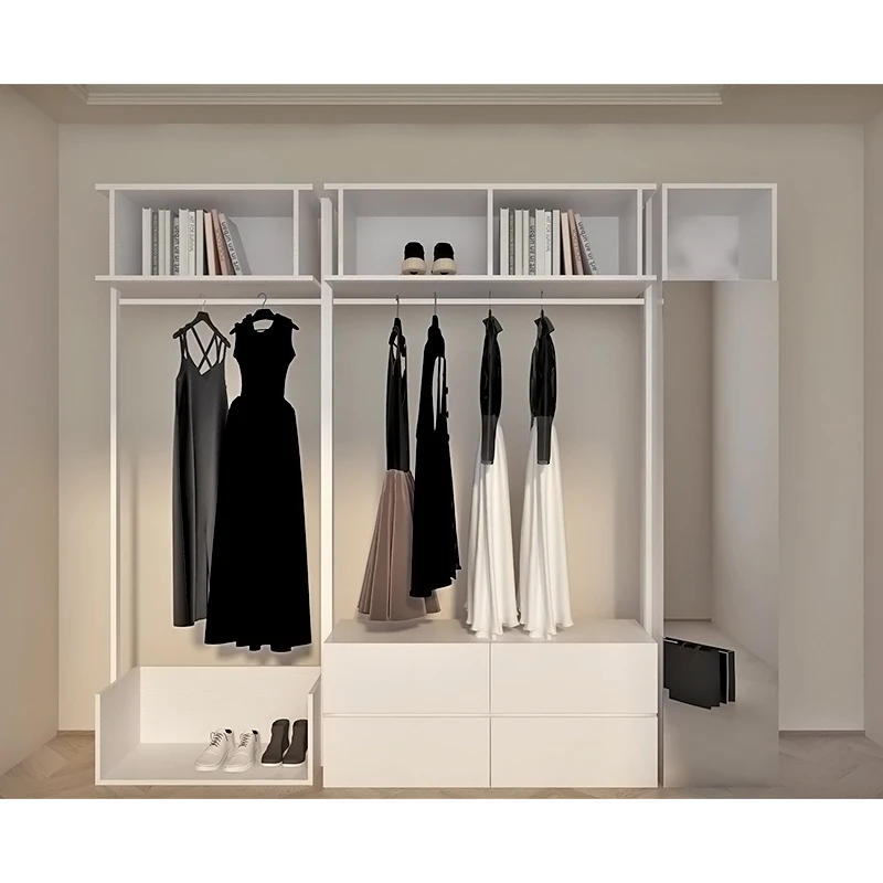 White open wardrobe wrought iron solid wood cloakroom metal shelf hanger floor bedroom combination