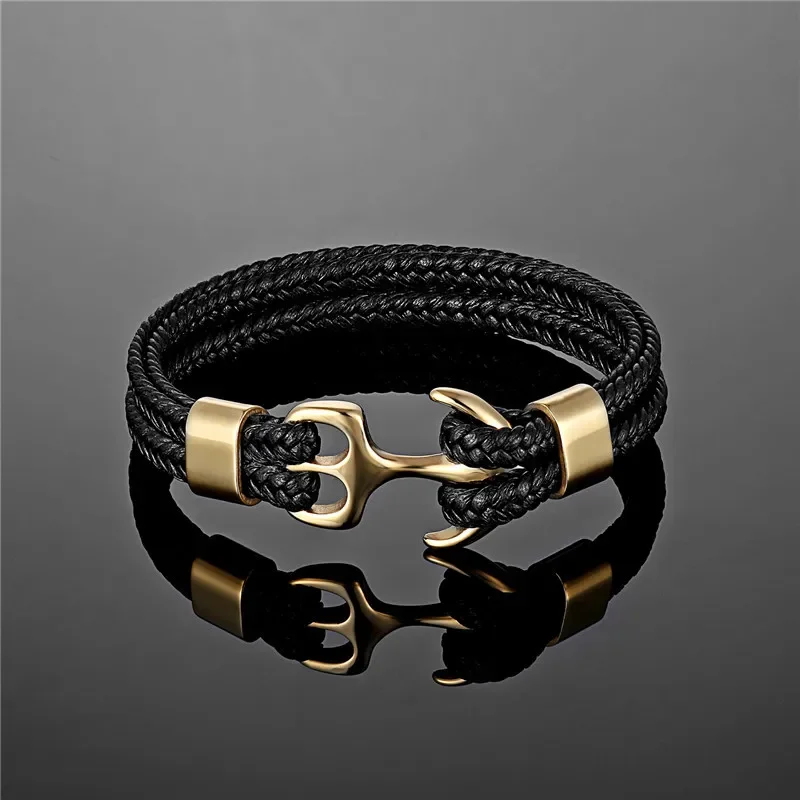 

Men's titanium steel bracelet Black cowhide braid anchor stainless steel leather bracelet leather rope