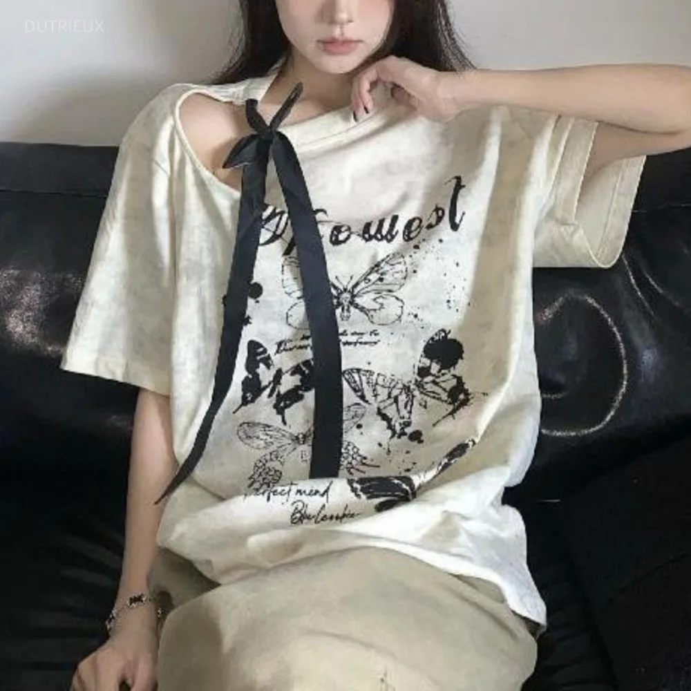 Age Reduction American Vintage Off Shoulder T-shirt Loose Half Sleeve Lace Up Print Top Female Minority Bow Korea Mujer