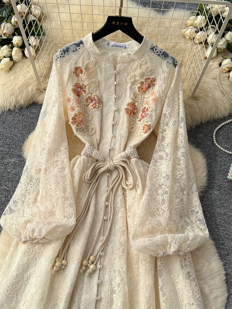 Abito francese in rete con paillettes con perline per unghie retrò per donna Primavera Autunno Elegante festa di compleanno Abito a maniche lunghe attillato in vita S255